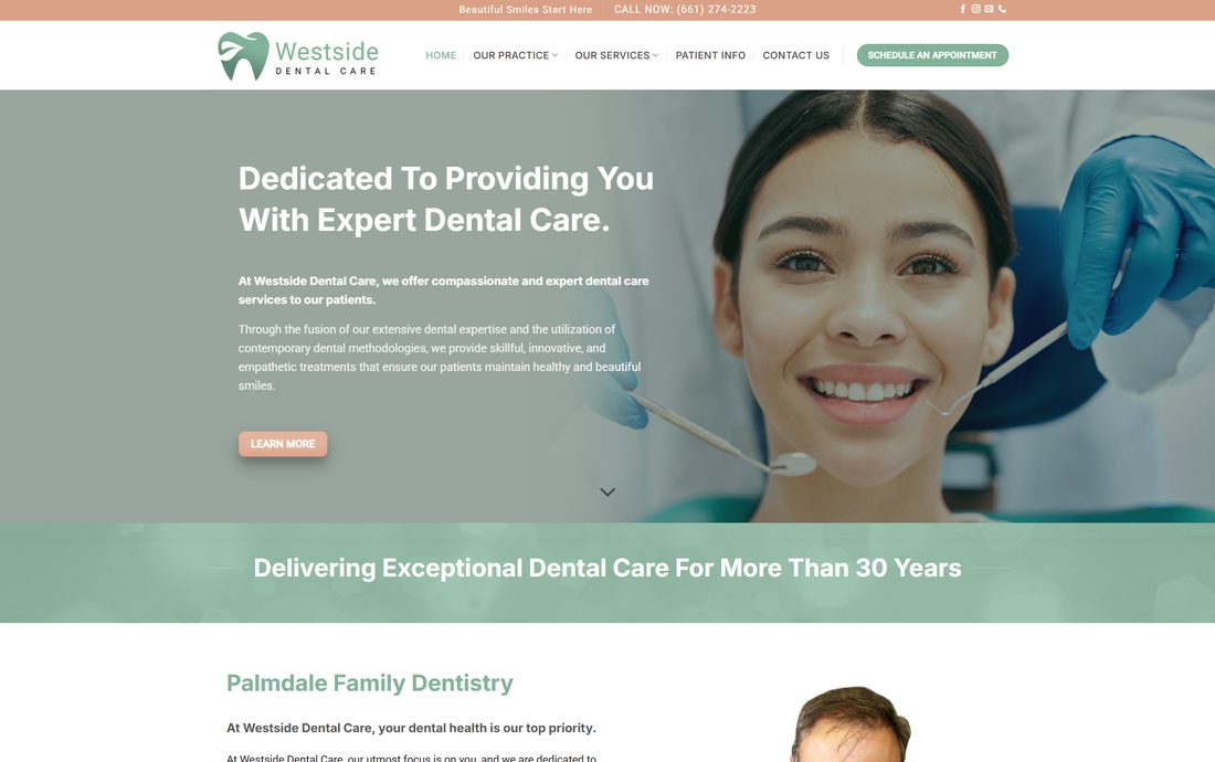 Westside Dental Care website for an Antelope Valley dental practice, designed by Spiralmode